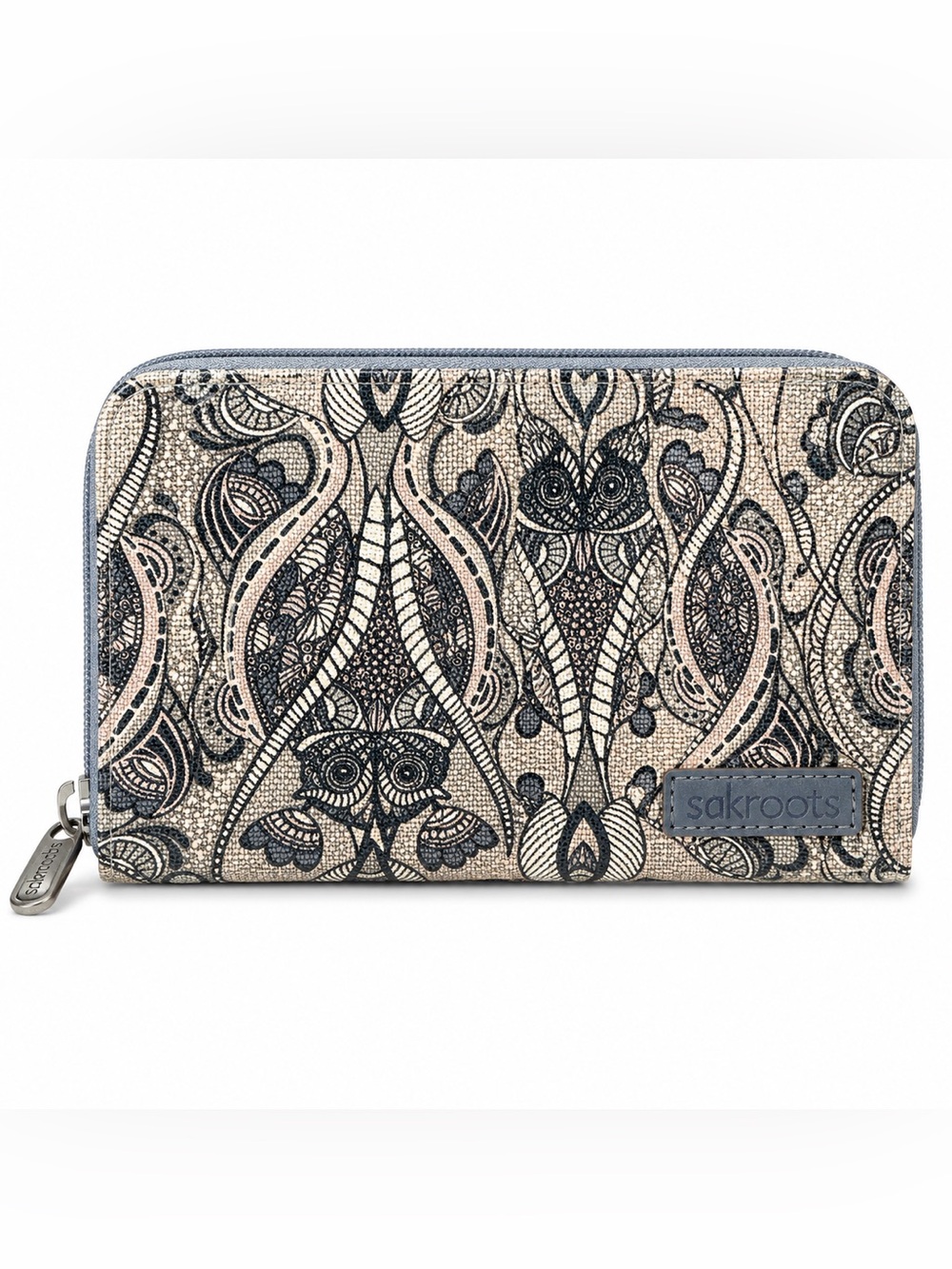 Sakroots Owl Paisley Zip Around Wallet Wristlet – Neutral Multicolor Print